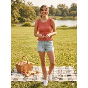 Japna Womens Rust Orange Smocked Polka Dot Ruffle Sleeveless Top Medium RN116696